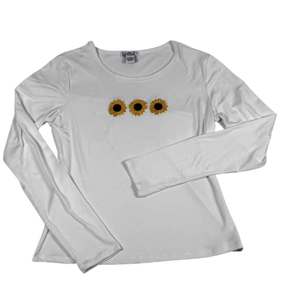 Love Streak Shirt Large White Scoop Neck Sunflower Floral Embroidered LS Stretch